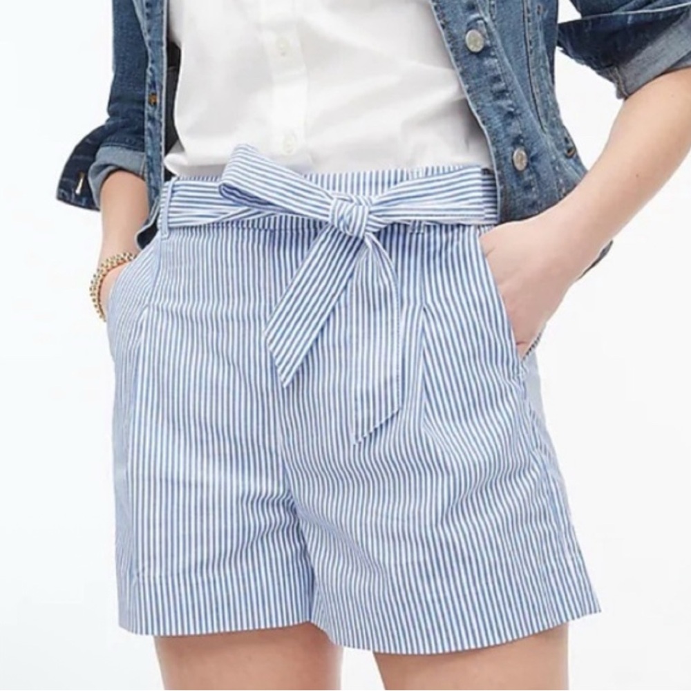 J Crew Shorts Women's 14 Cotton Poplin Tie Waist Shorts Striped Blue/white